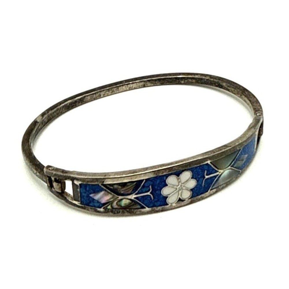 Vintage ALPACA Mexico Enamel Bracelet White & Abalone Shell Butterfly Inlay 7.5"